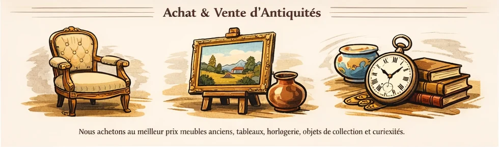 Illustration bande dessinée de fauteuil, tableau, pendule et objets anciens